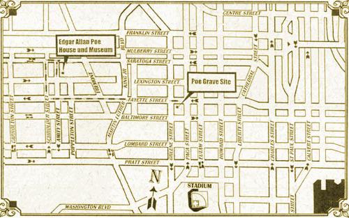 Poe house and grave site map